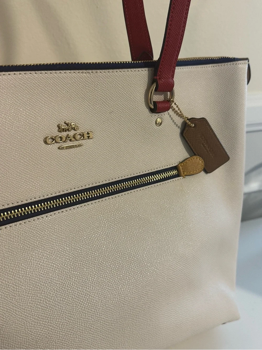 Coach White Pebbled Leather Tote with Red Straps and Tan Accents
